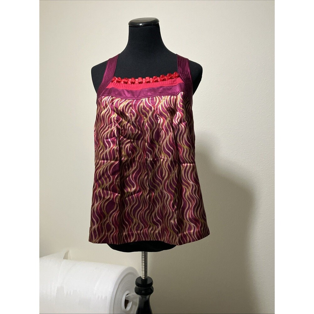 Intuitions Silk Blend Wavy Print Ruffle Tank Top Plum Pink Small Racerback Zip